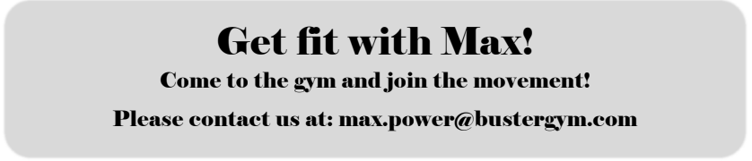 Werbebanner für Fitnessstudio mit dem Text „Get fit with Max!“ und Kontaktadresse.